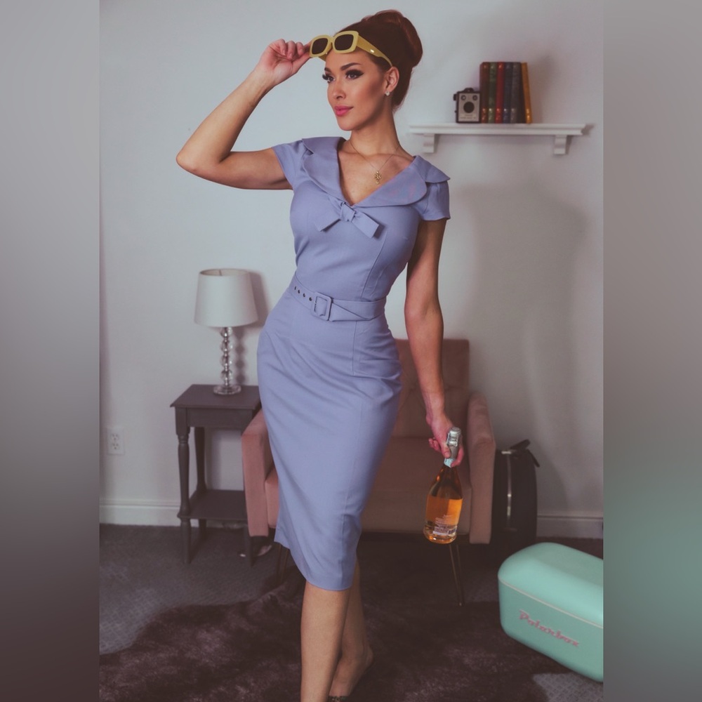 Retro 60s Pin Up Lavender Wiggle Dress with Belt